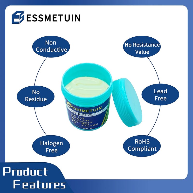 Essmetuin Store معجون الراتنج، معجون لحام خالي من الرصاص وغير نظيف لإصلاح لوحات الهواتف، اللحام الكهربائي، PCB و BGA 3.5 أونصة 100 جرام/زجاجة مع RoHS وخالي من الهالوجين - Image 4